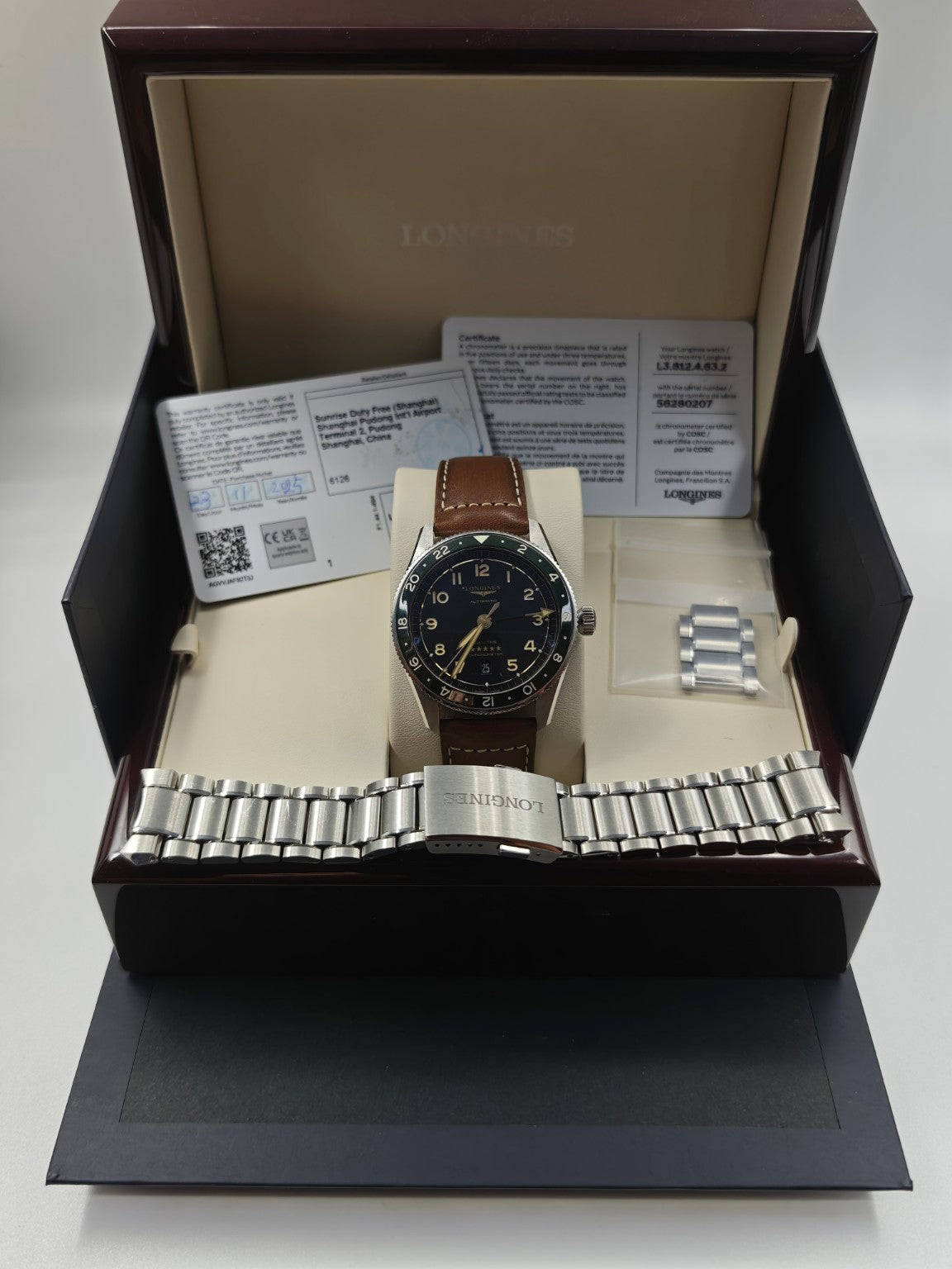 Longines Spirit Zulu Time with box, papers, leather strap and stainless steel bracelet