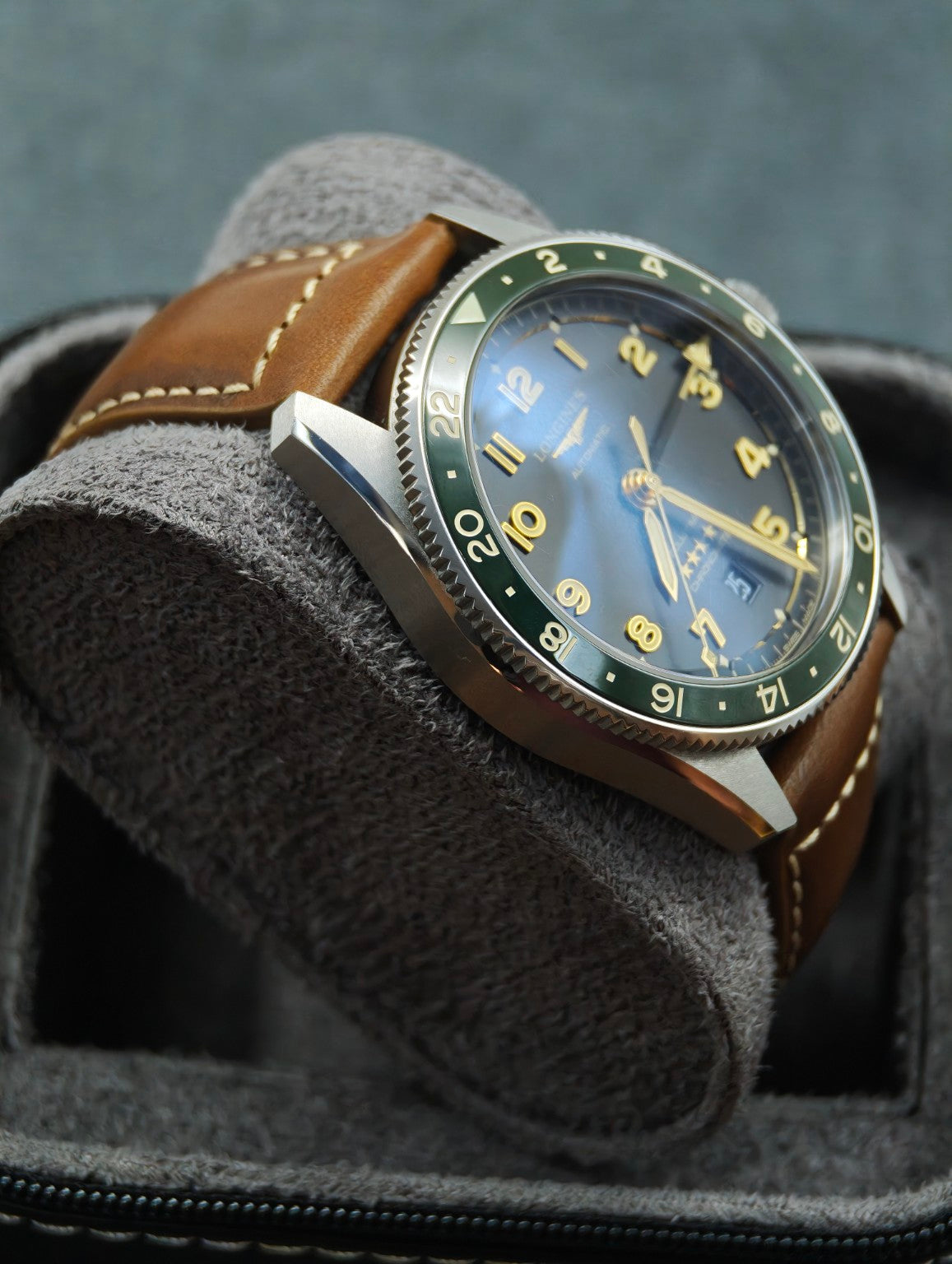 Longines Spirit Zulu Time opposite case side on leather strap