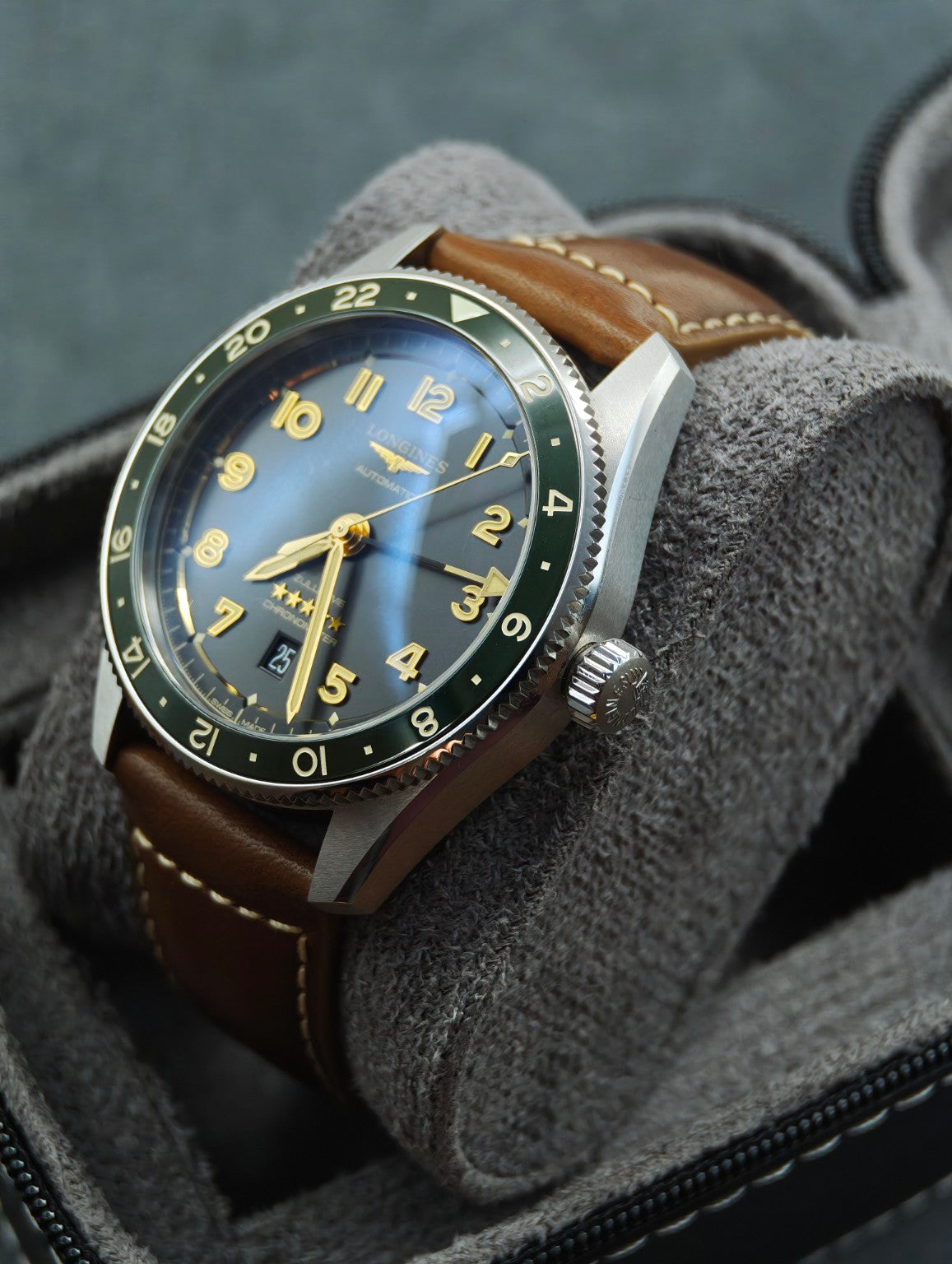 Longines Spirit Zulu Time crown side and case profile