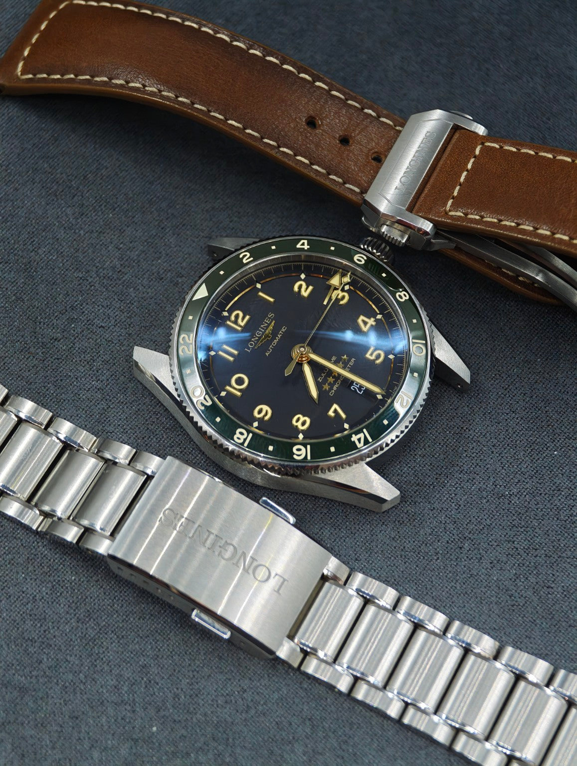 Longines Spirit Zulu Time with leather strap and stainless steel bracelet