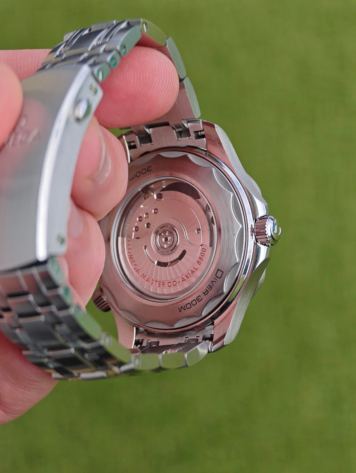 Omega Seamaster Diver 300M exhibition caseback showing Omega calibre 8800