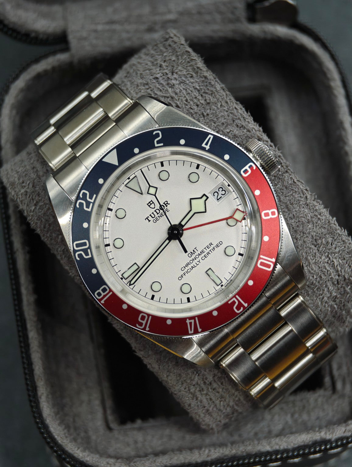Tudor Black Bay GMT Opaline dial and burgundy-blue bezel on stainless steel bracelet