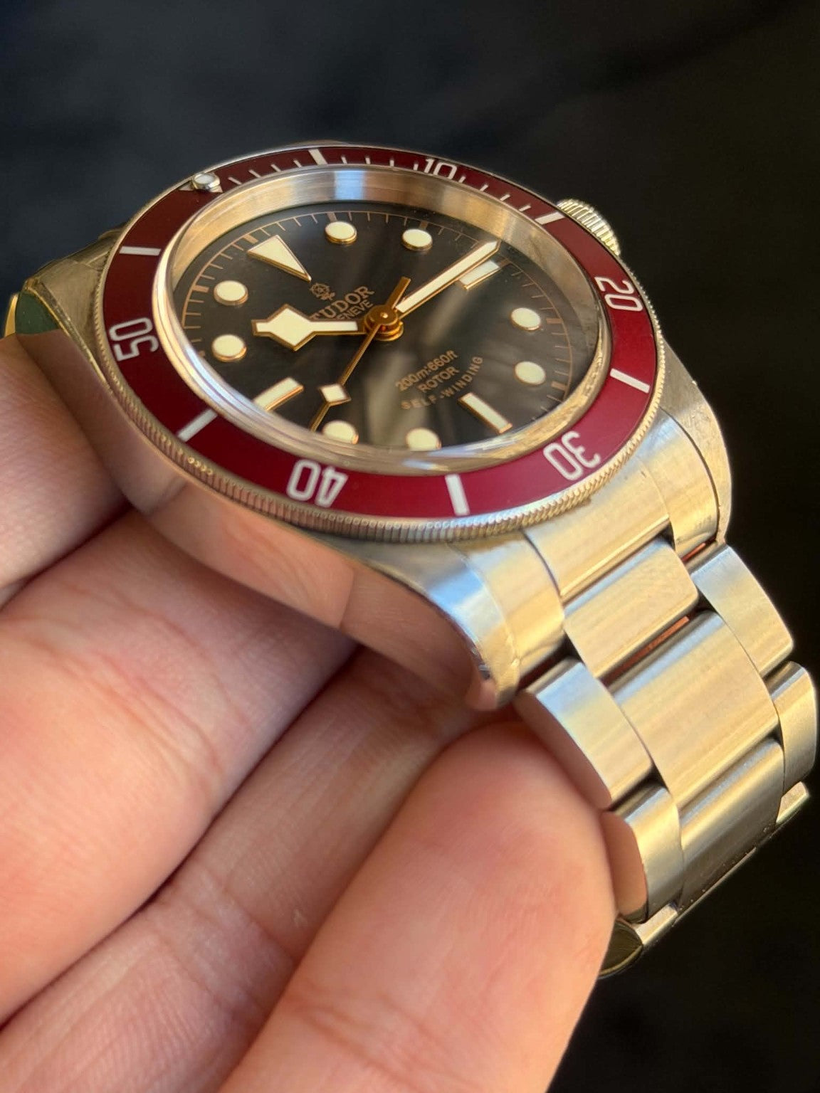 Tudor Black Bay Heritage 41mm angled view of the dial, bezel and case