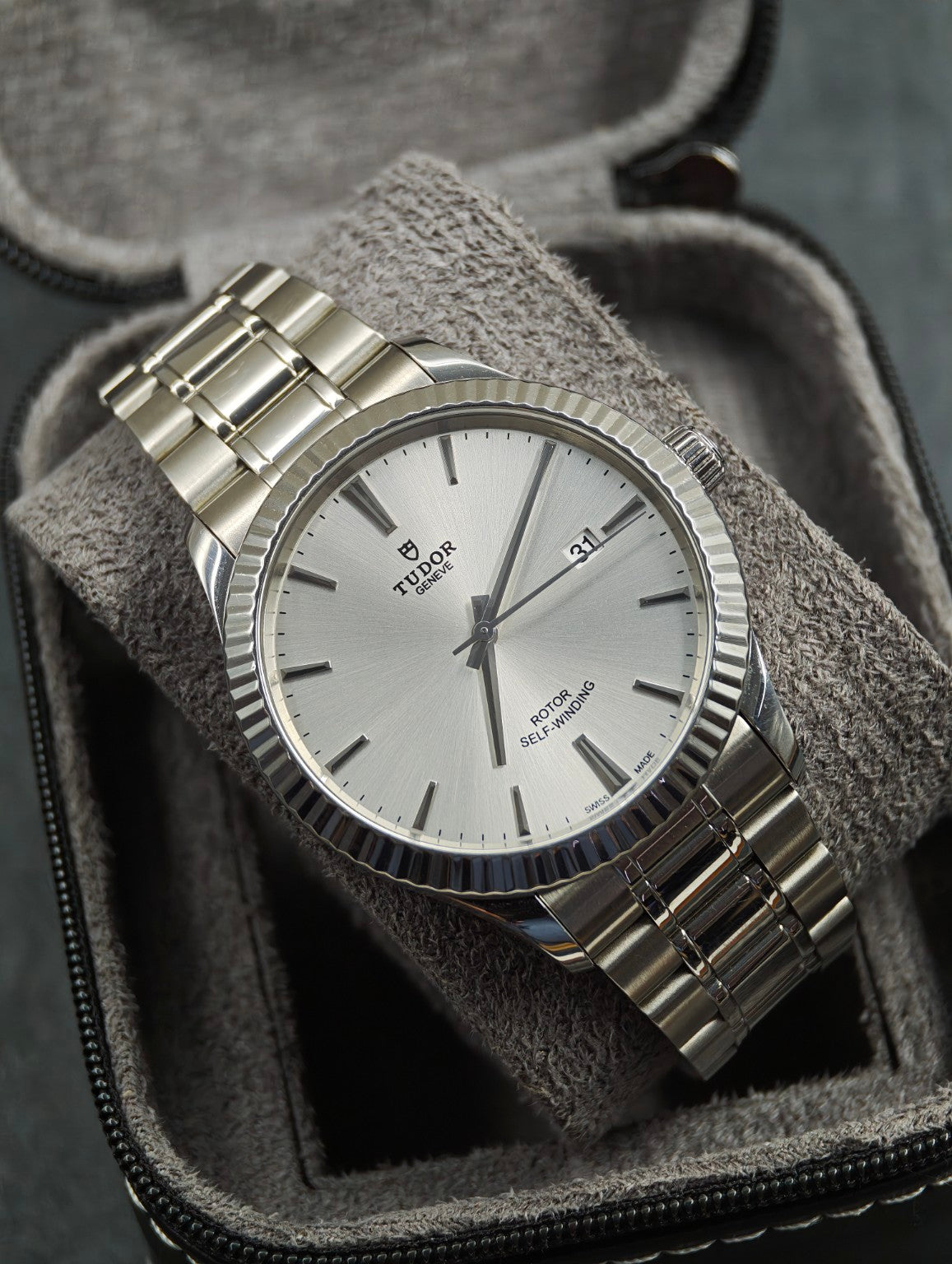 2020 Tudor Style 41mm silver sunburst dial and fluted bezel on stainless steel bracelet